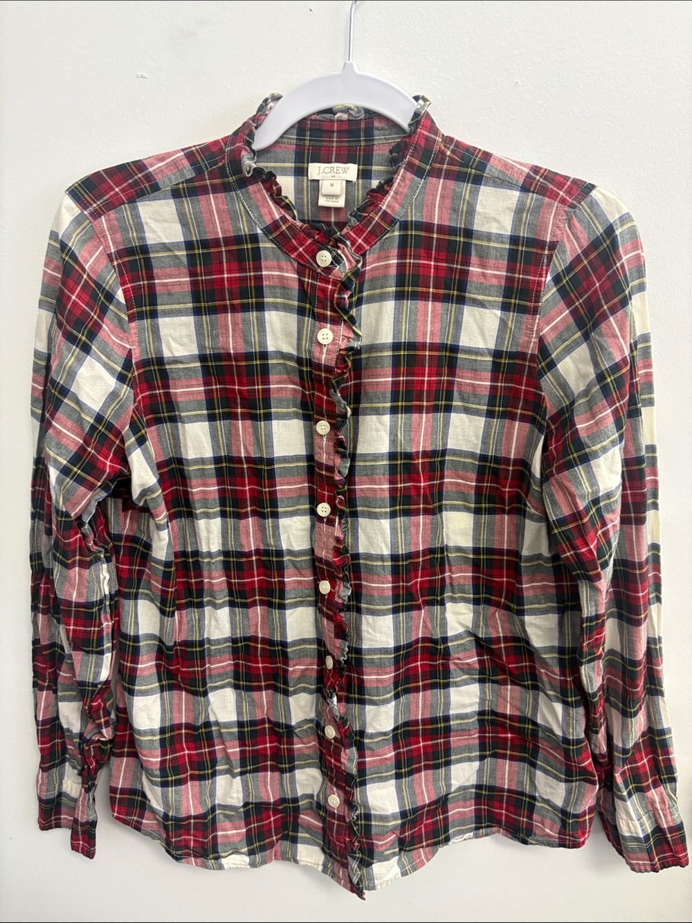 J. Crew Red and White Plaid Ruffle-Front Button Shirt